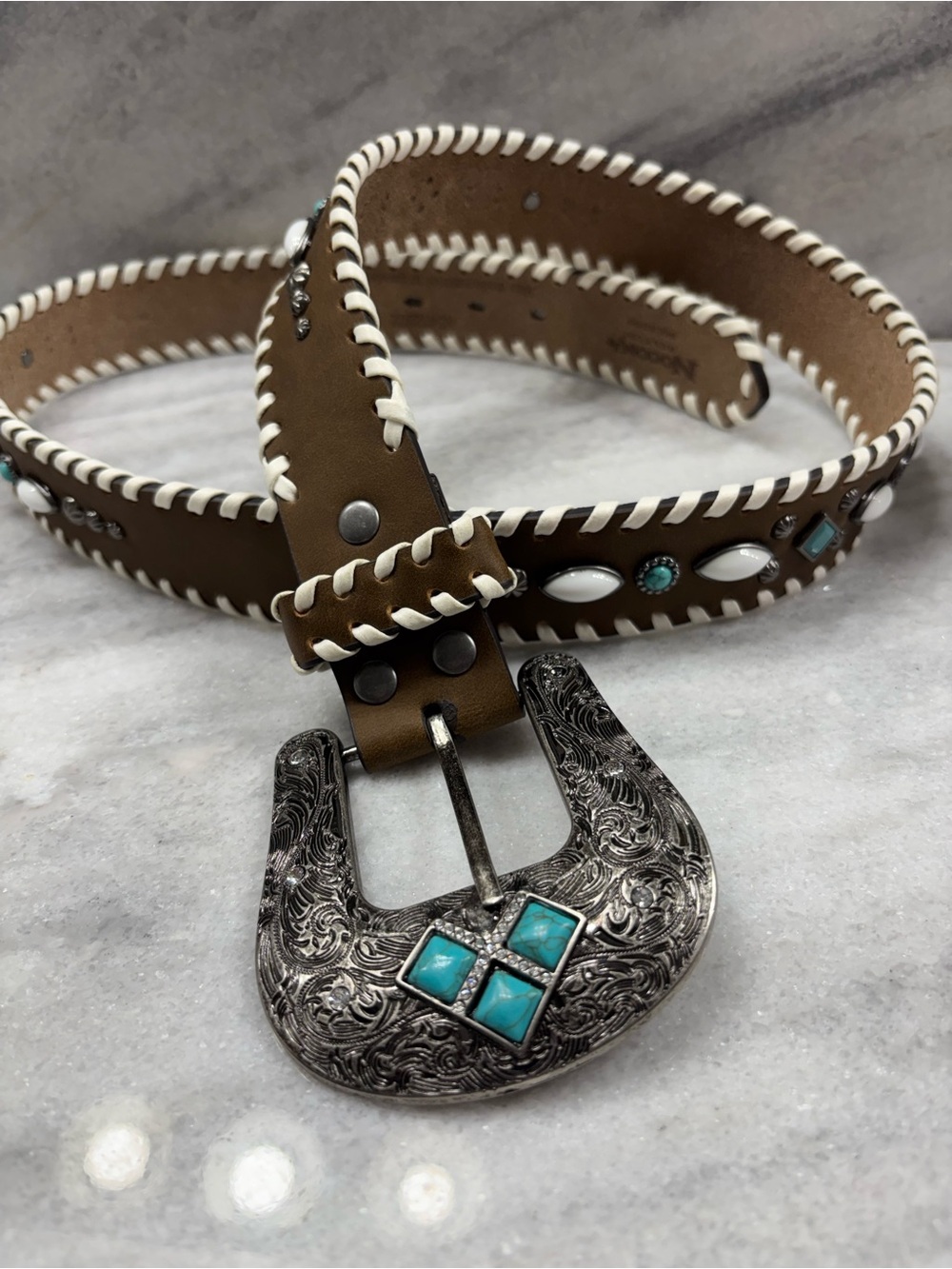 Nocona belt co. Western- Leather Belt w/ white whip stitch turquoise accents